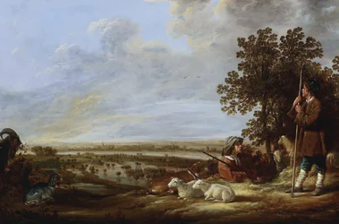 Landschap met twee herders en hun dieren